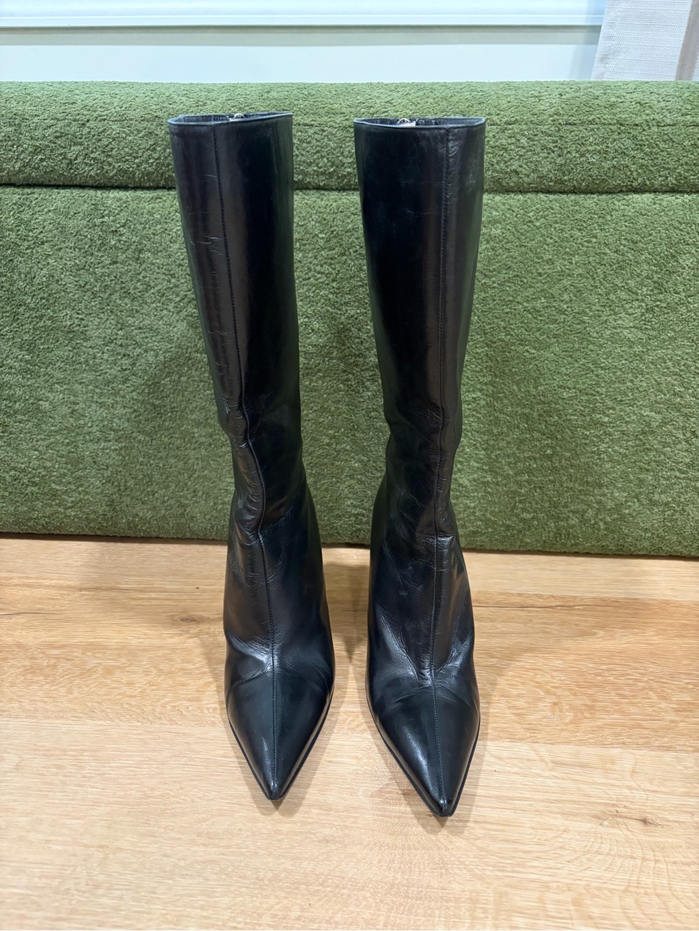 Jimmy Choo Black Pointed-Toe Knee-High Leather Boots